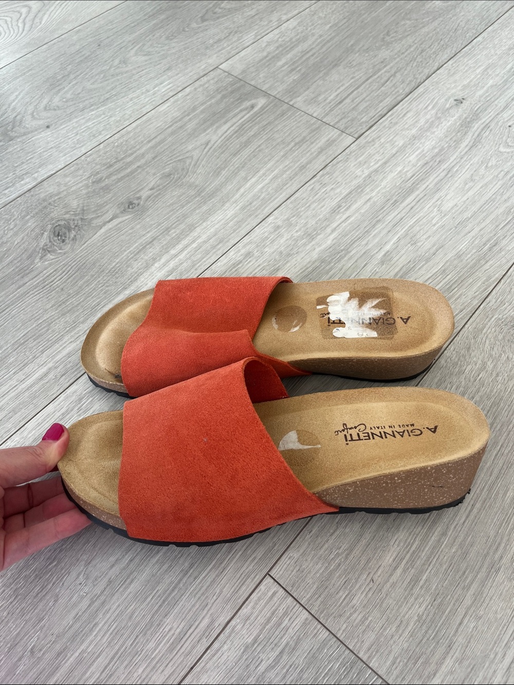 A. Giannetti Orange Suede Slide Wedge Mules